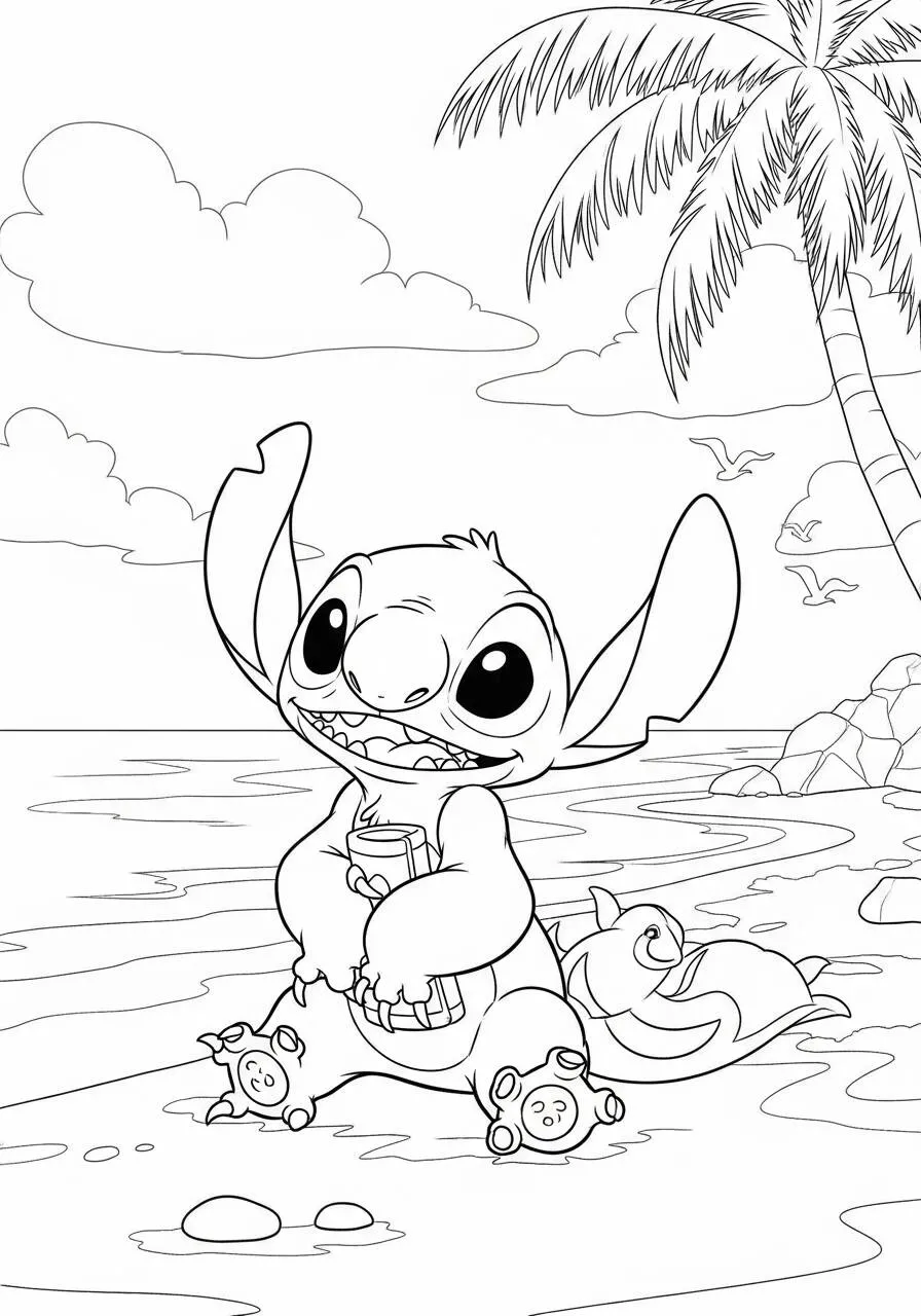 Desenho de Stitch na Praia com Bebida para Colorir