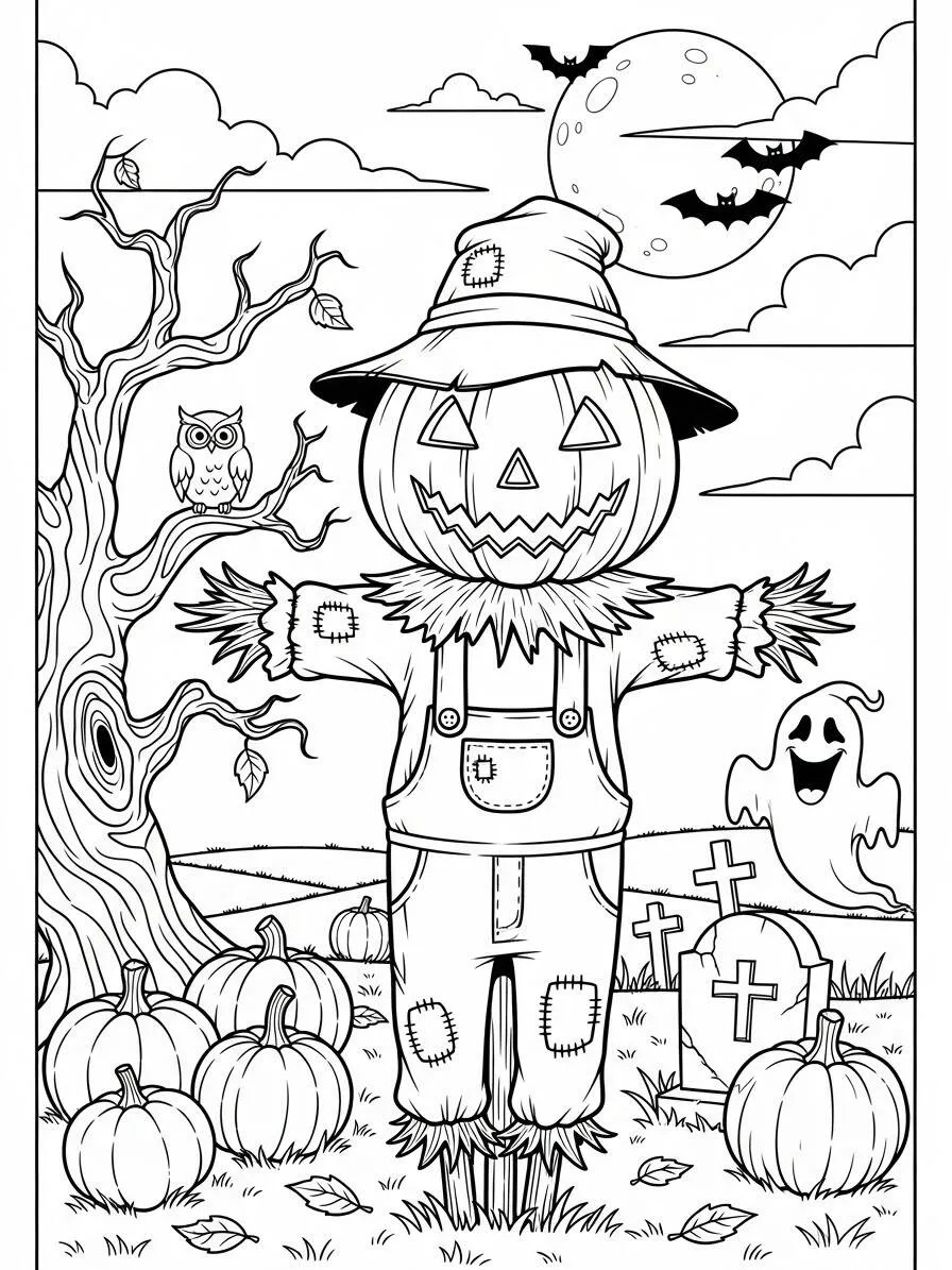 Página para colorear de calabaza con espantapájaros y fantasma