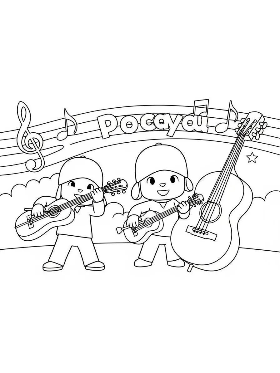 Dibujo para colorear de Pocoyó y Lola tocando música