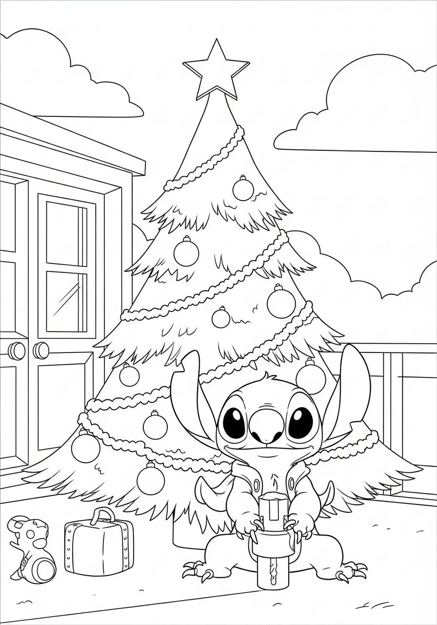 Desenho de Stitch Abrindo Presentes de Natal para Colorir
