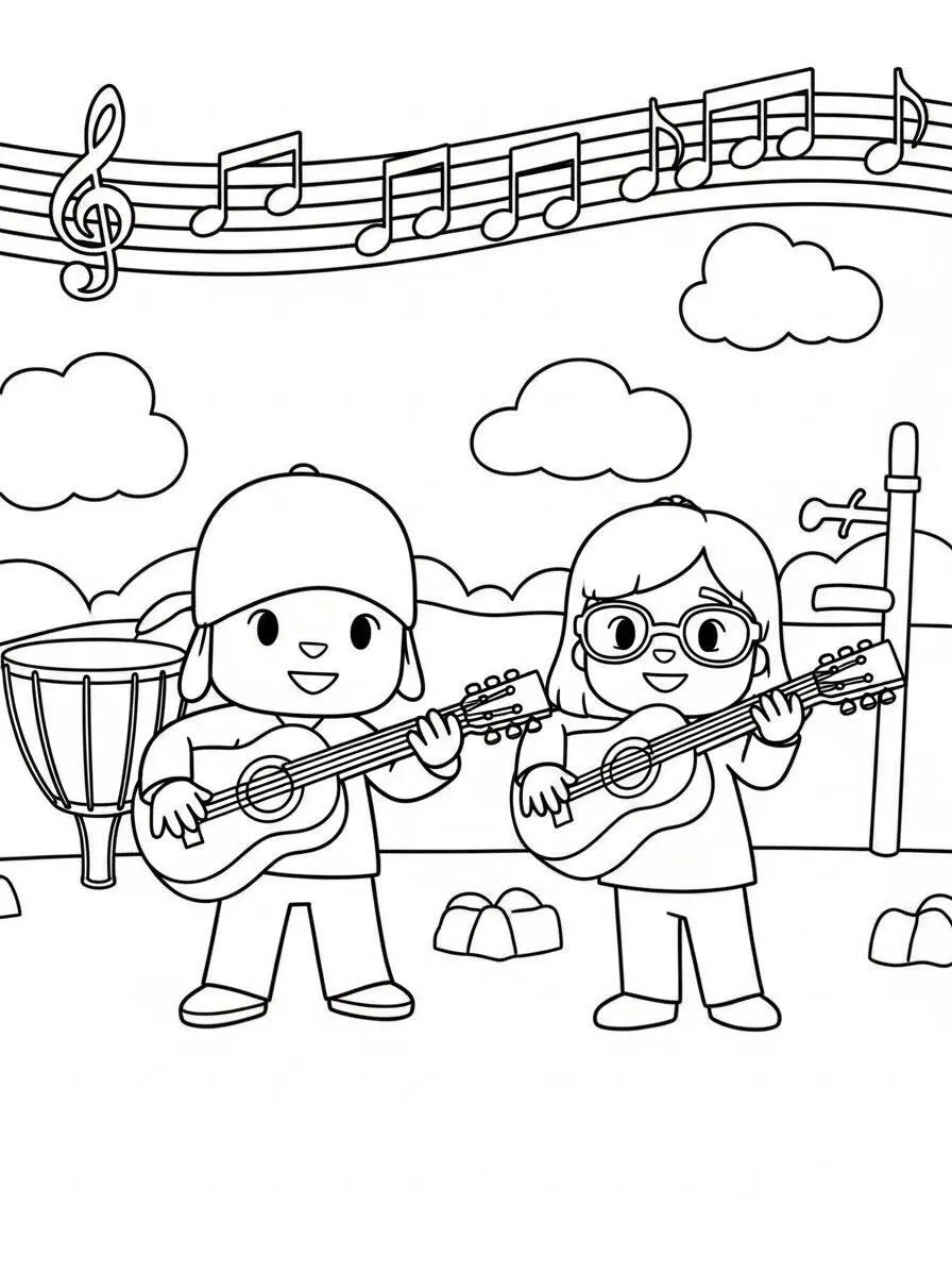 Dibujo para colorear de Pocoyó y Lola tocando música