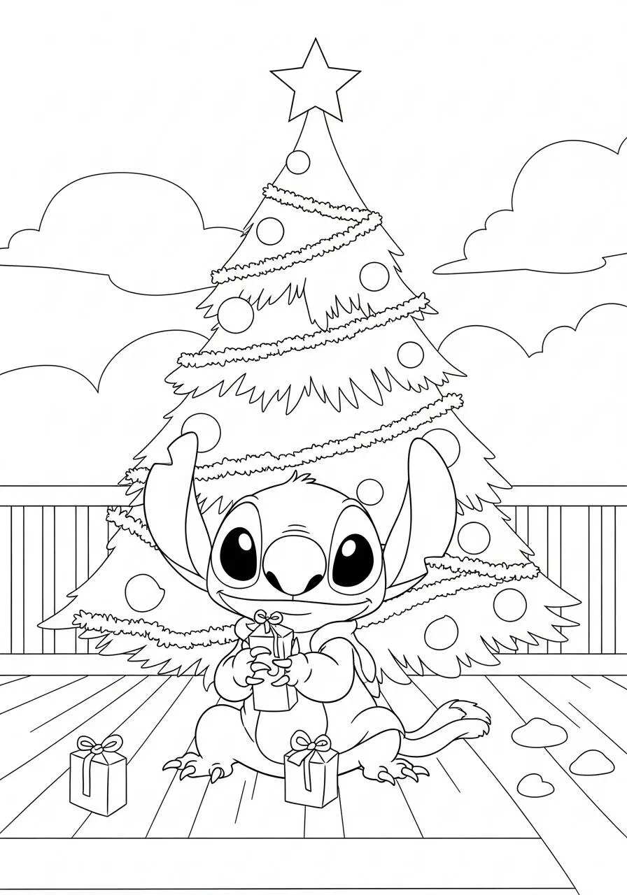 Desenho de Stitch com Presentes e Árvore de Natal para Colorir