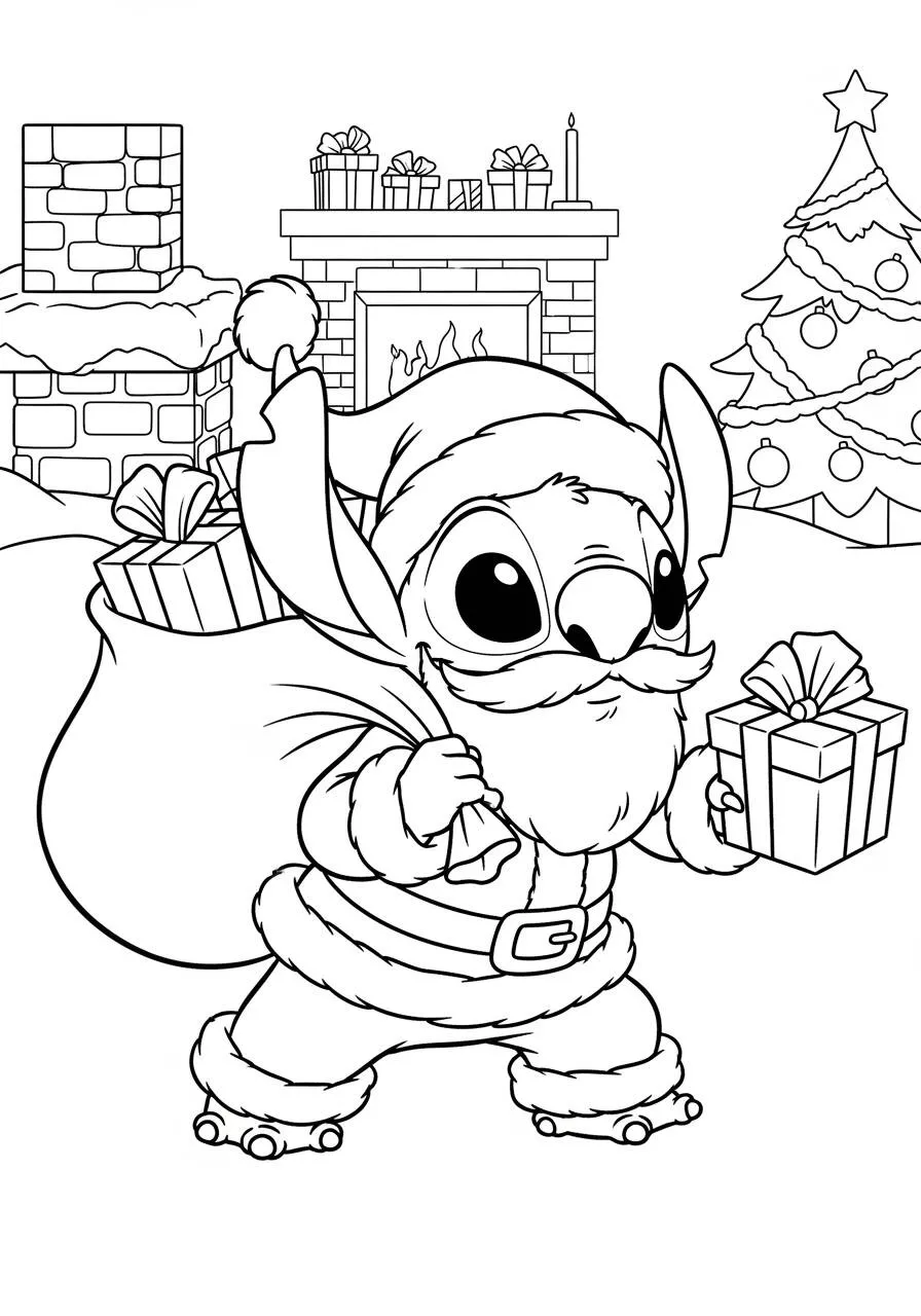 Desenho de Stitch Papai Noel com Presentes para Colorir