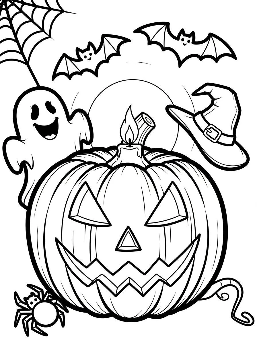 Página para colorear de calabaza de Halloween con fantasma y murciélago