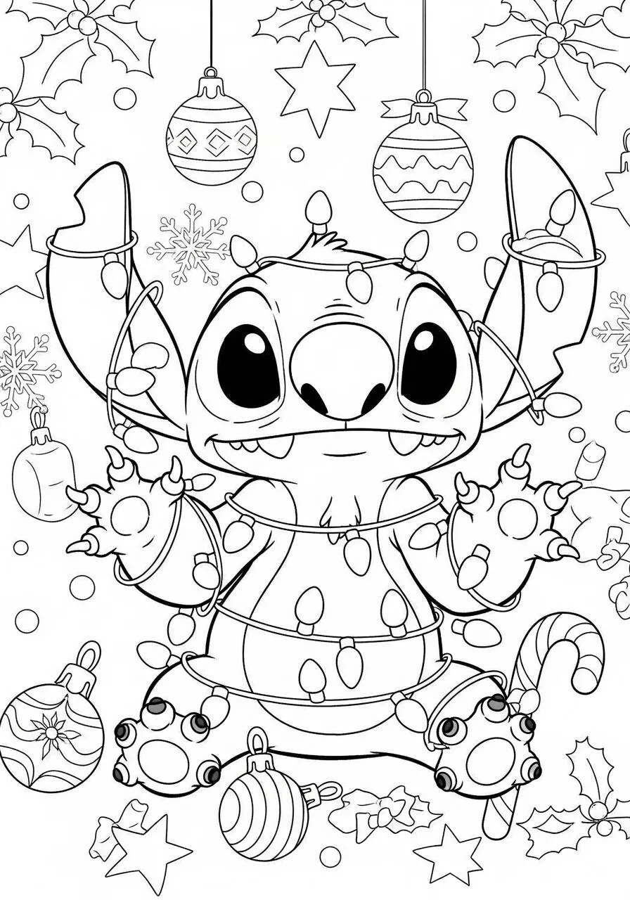 Desenho de Stitch Enrolado em Luzes de Natal para Colorir