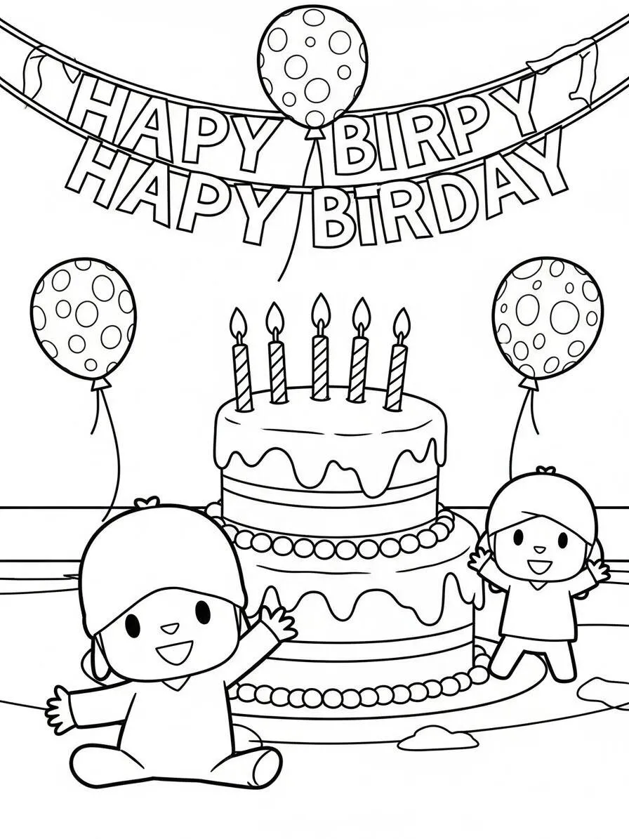 Dibujo de Pocoyó celebrando su cumpleaños con sus amigos para colorear