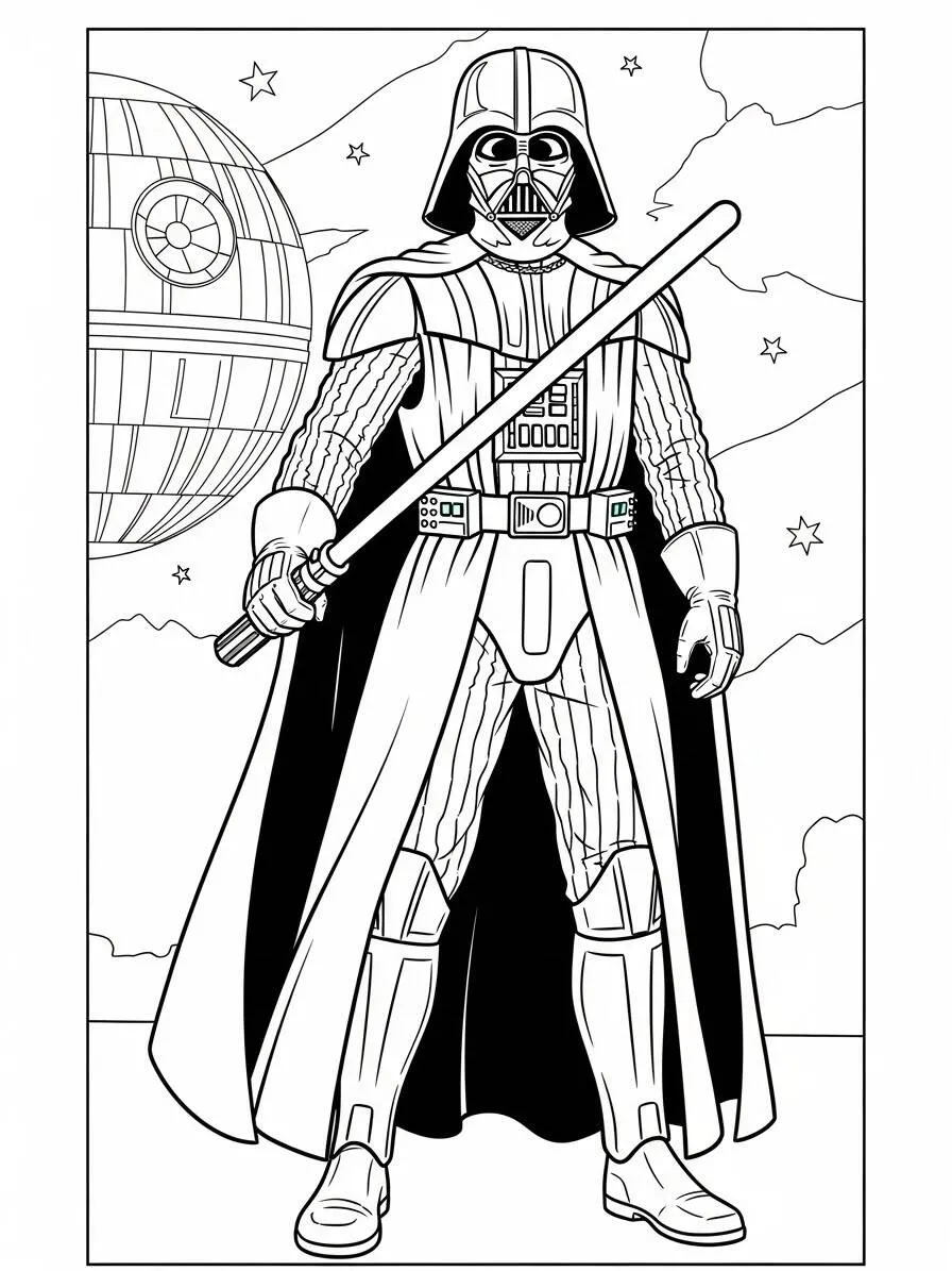 Dibujo de guerra de las galaxias Darth Vader para colorear con sable de luz y estrella de la muerte