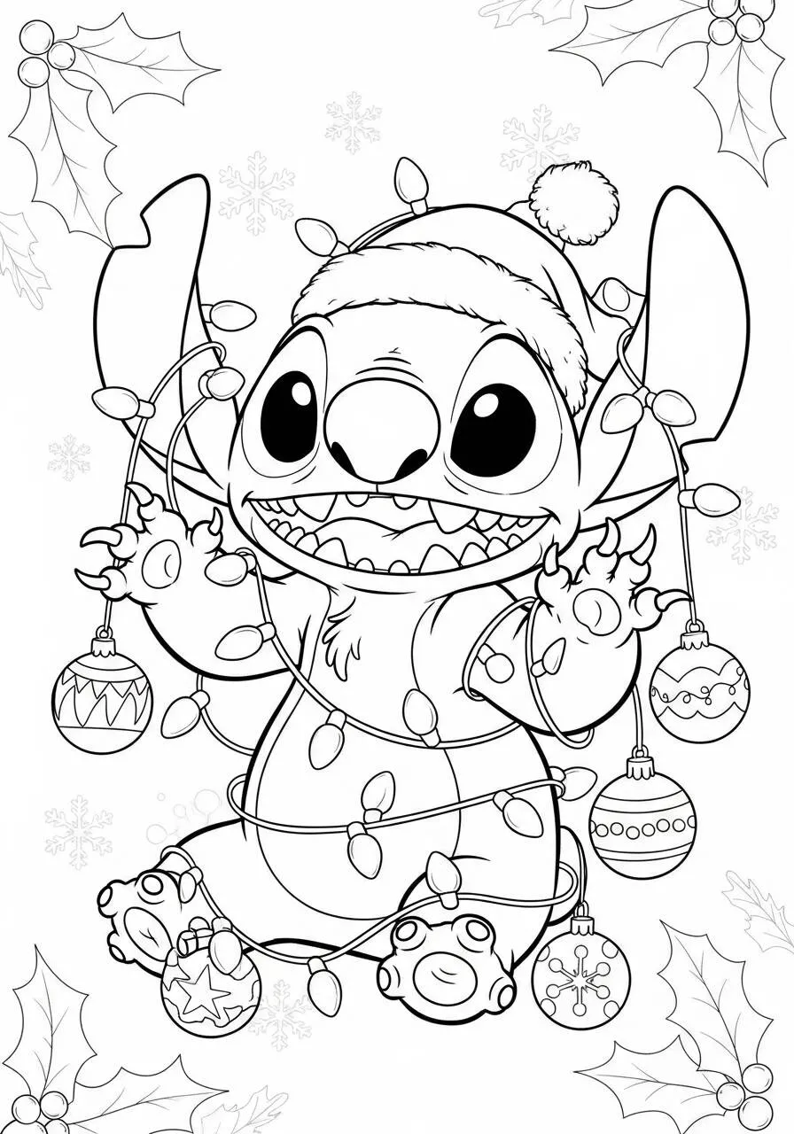 Desenho de Stitch Enrolado em Luzes de Natal para Colorir