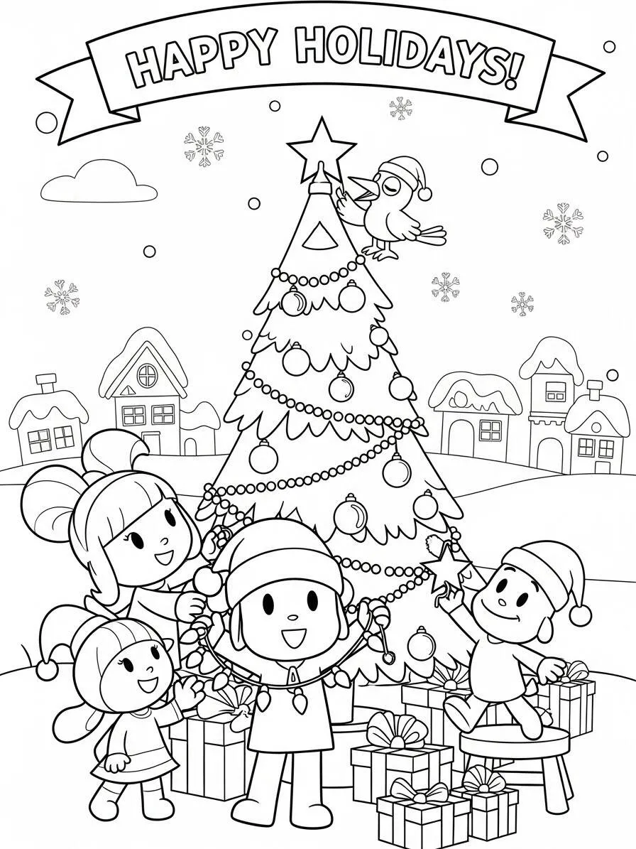 Pocoyo und seine Freunde schmücken den Weihnachtsbaum zum Ausmalen