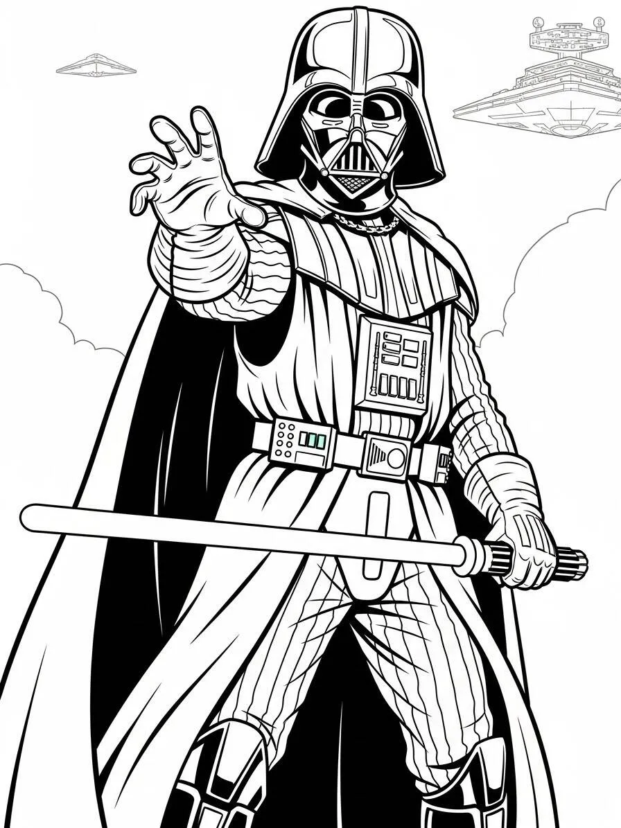 Dibujo de guerra de las galaxias Darth Vader para colorear con sable de luz