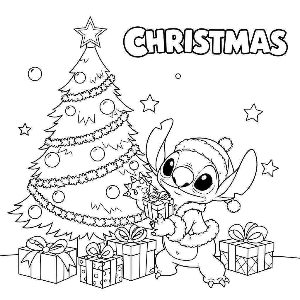 Desenho de Stitch com Presentes de Natal para Colorir