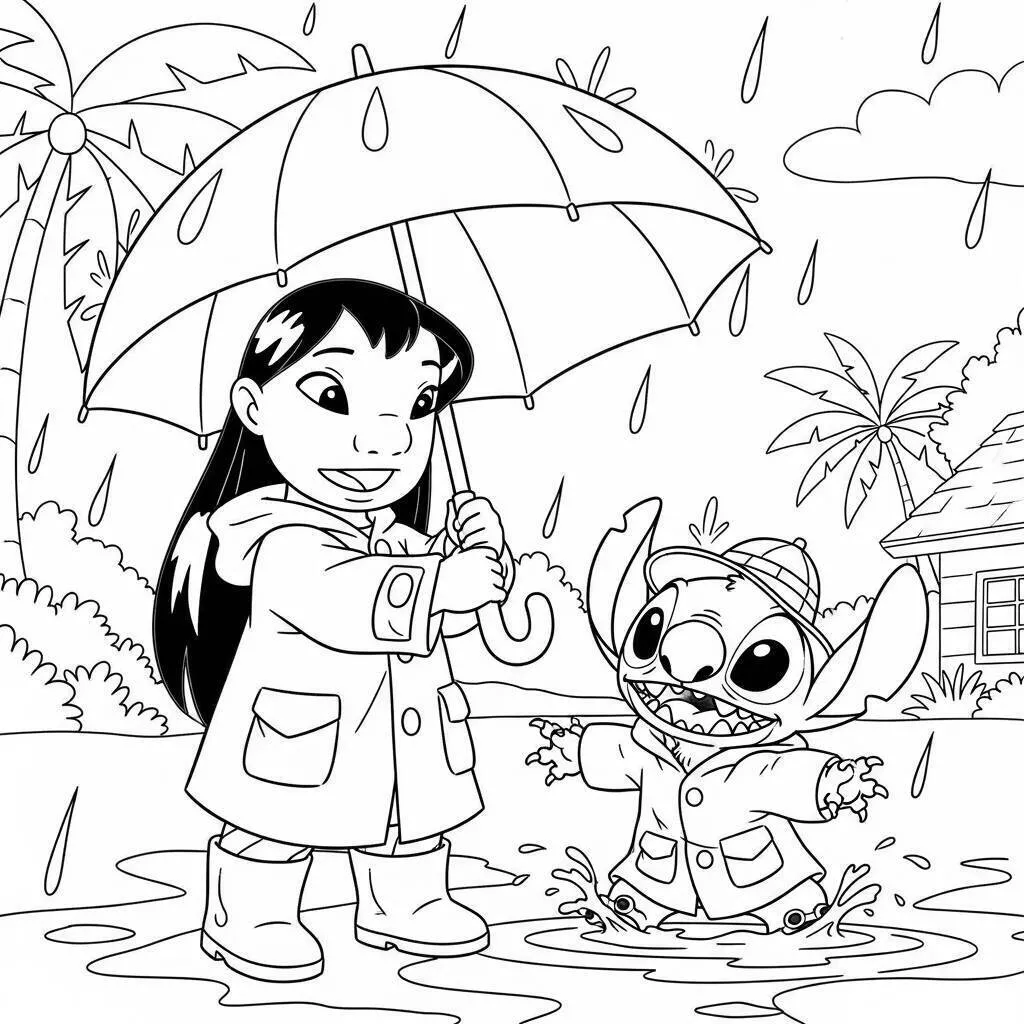 Desenho de Stitch e Lilo se Divertindo na Chuva para Colorir