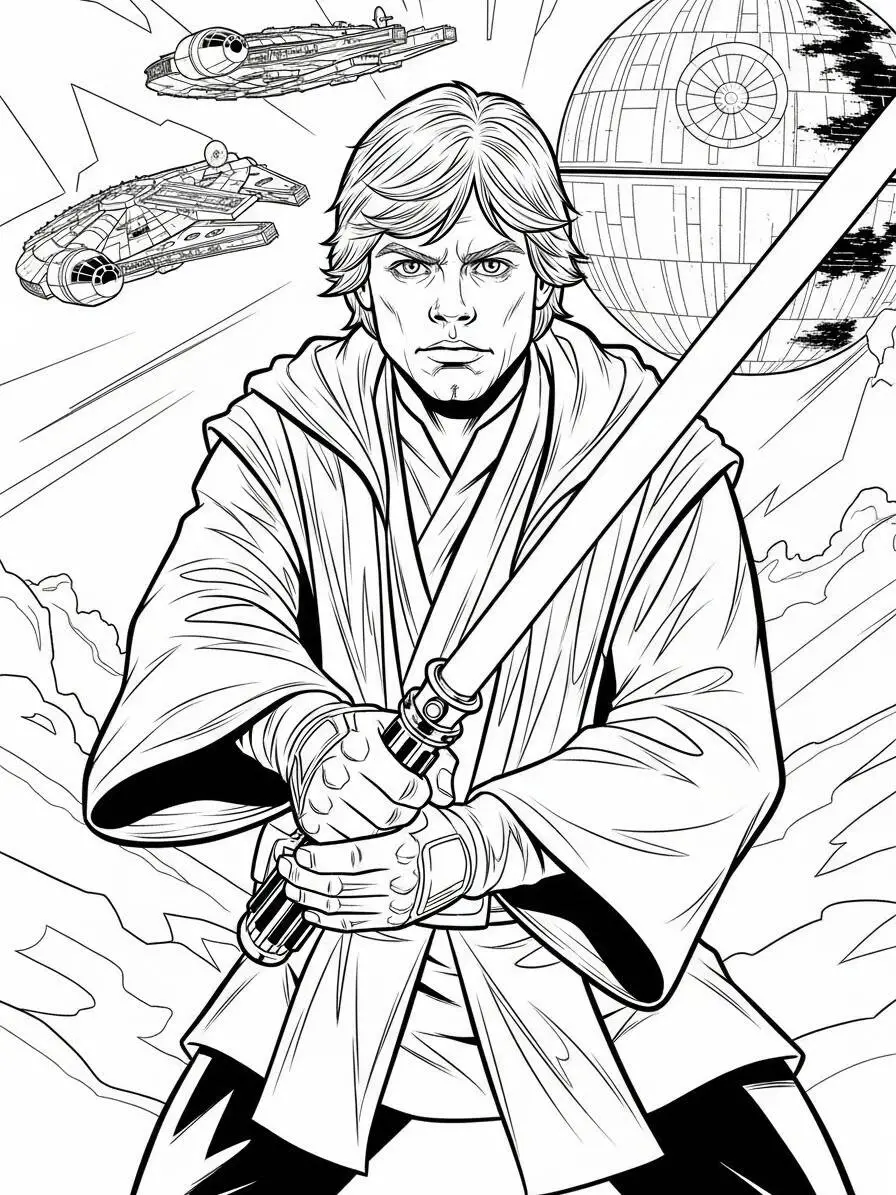 Dibujo para colorear de guerra de las galaxias Luke Skywalker con sable de luz y estrella de la muerte
