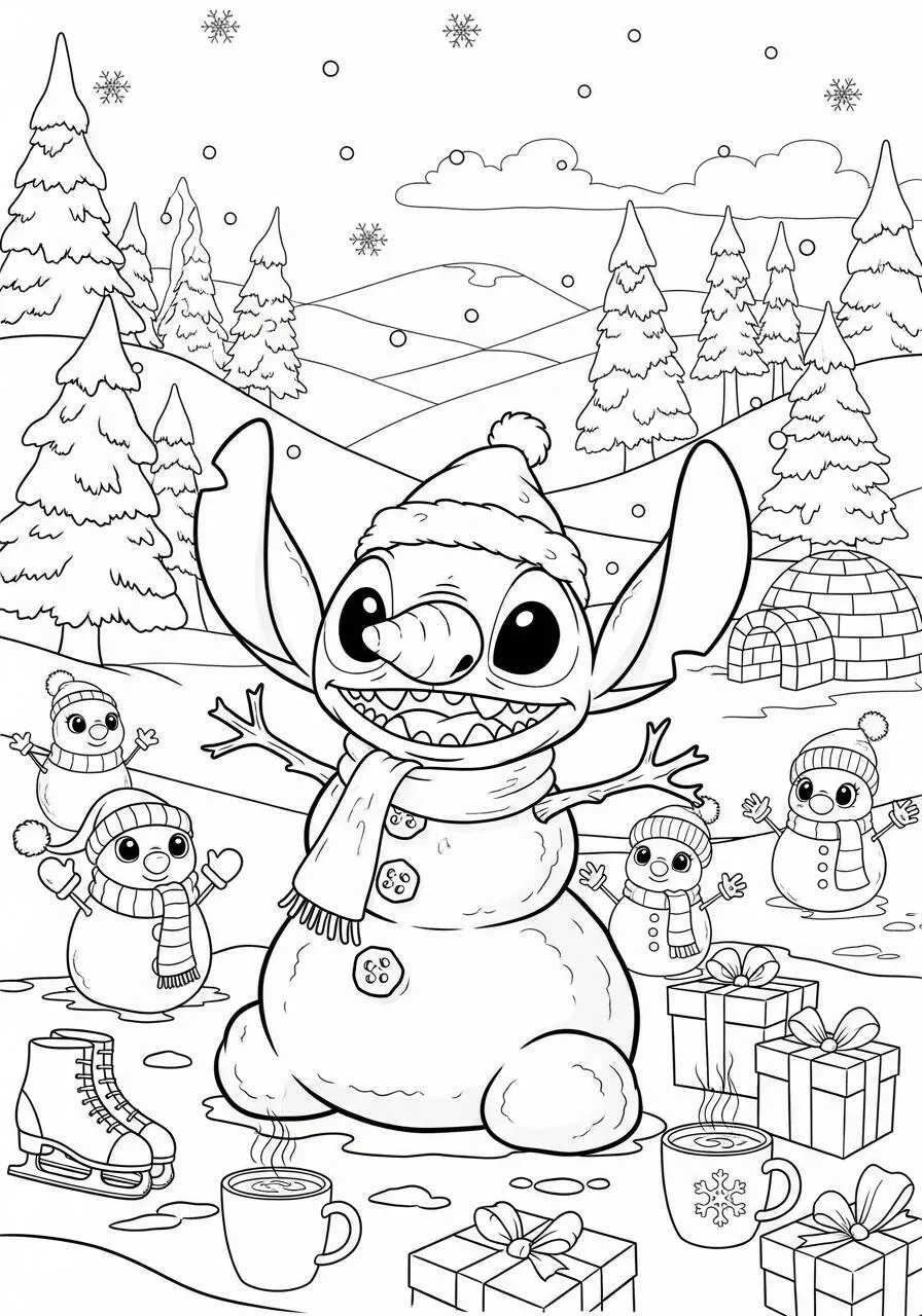 Desenho de Stitch Brincando na Neve para Colorir