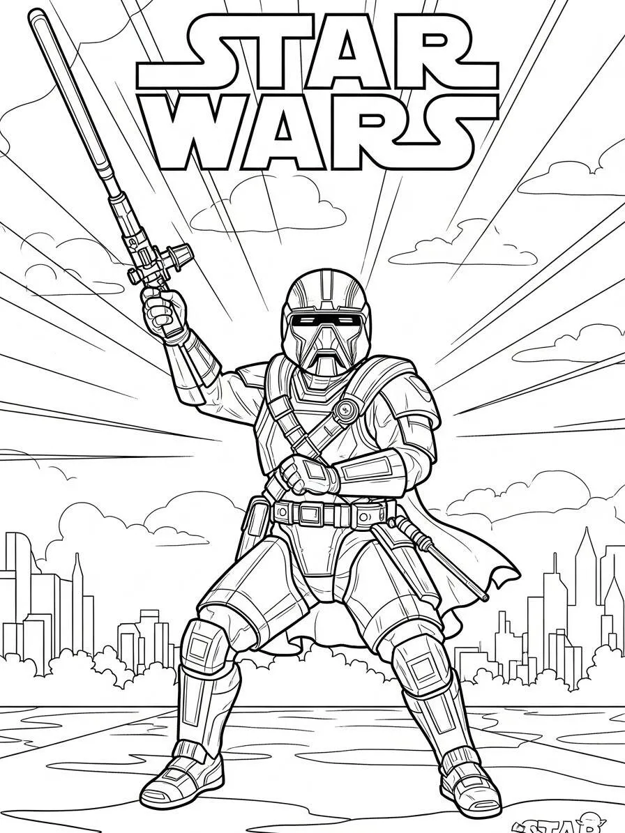 Dibujo para colorear de Stormtrooper de guerra de las galaxias con sable de luz