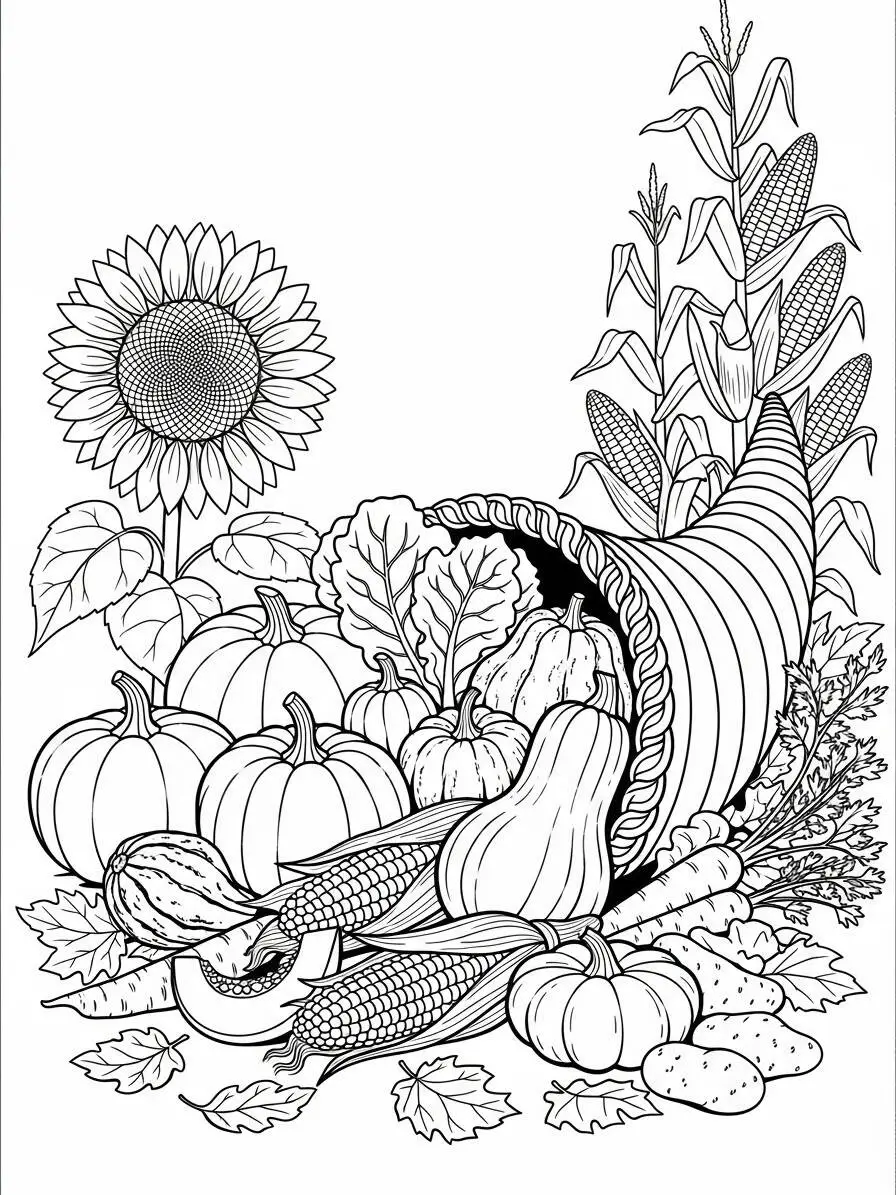 Desenho de Ação de Graças com Cornucópia e Abóboras para Colorir