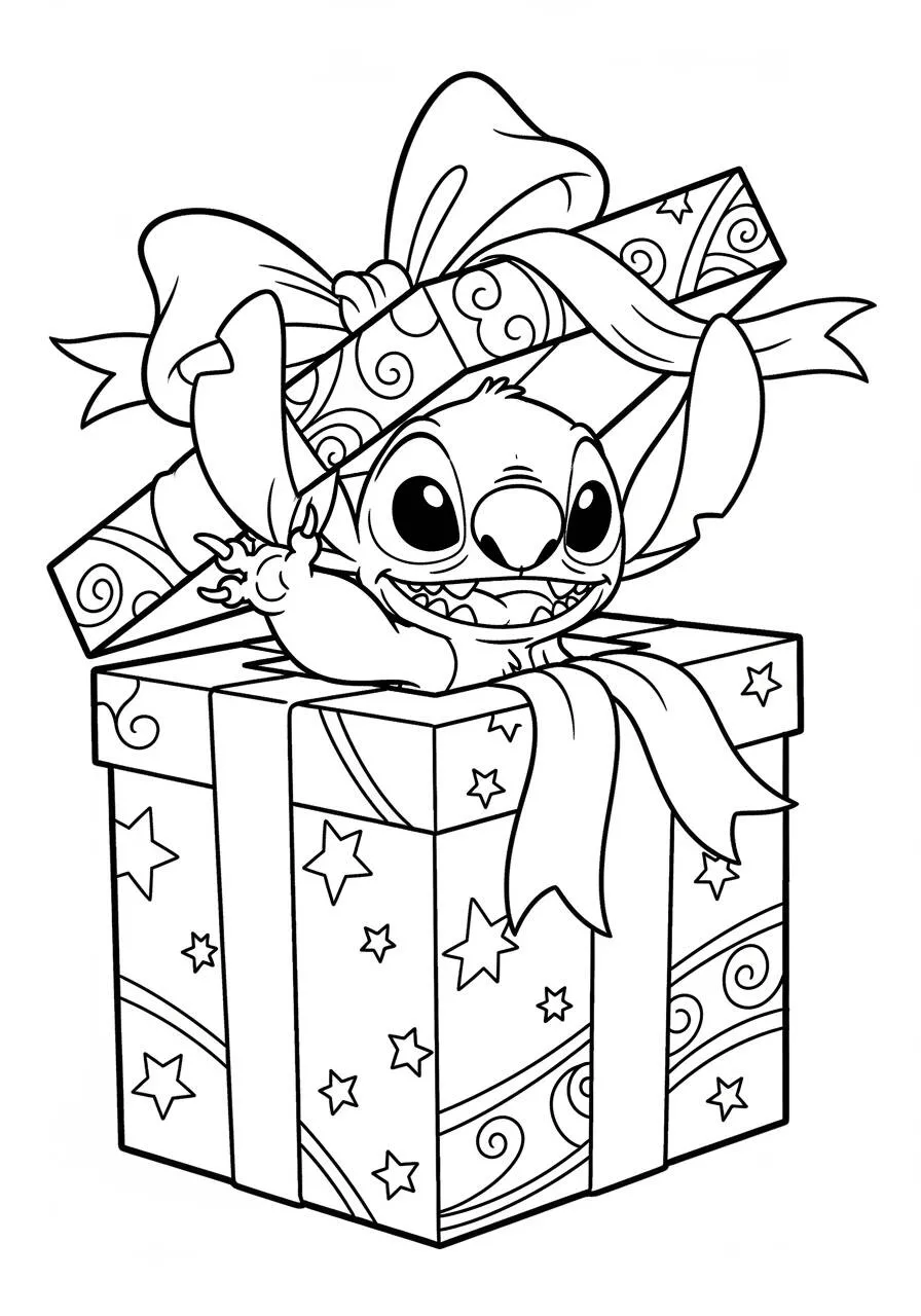 Desenho de Stitch saindo de uma Caixa de Presente para Colorir