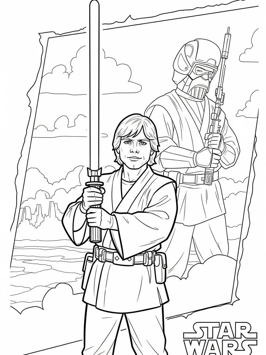 Dibujo para colorear de guerra de las galaxias Luke Skywalker con sable de luz