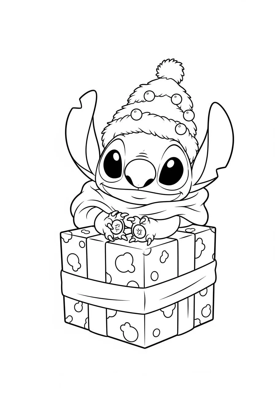 Desenho de Stitch com Presente e Chapéu de Natal para Colorir
