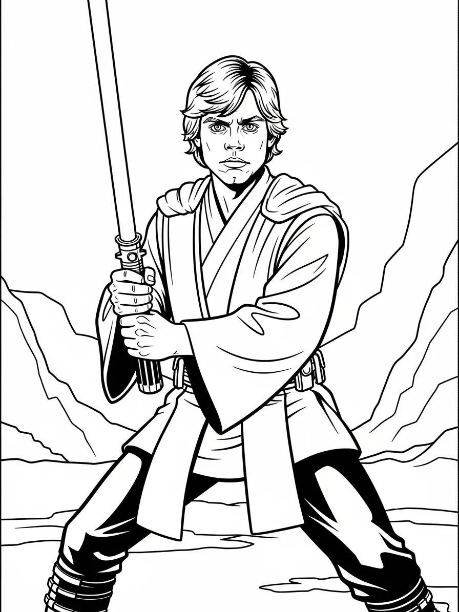 Pagina da colorare di Guerre stellari Luke Skywalker pronto per la battaglia con la spada laser