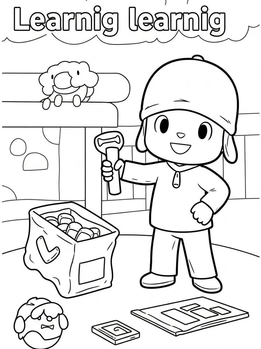 Dibujo de Pocoyó aprendiendo con juguetes para colorear