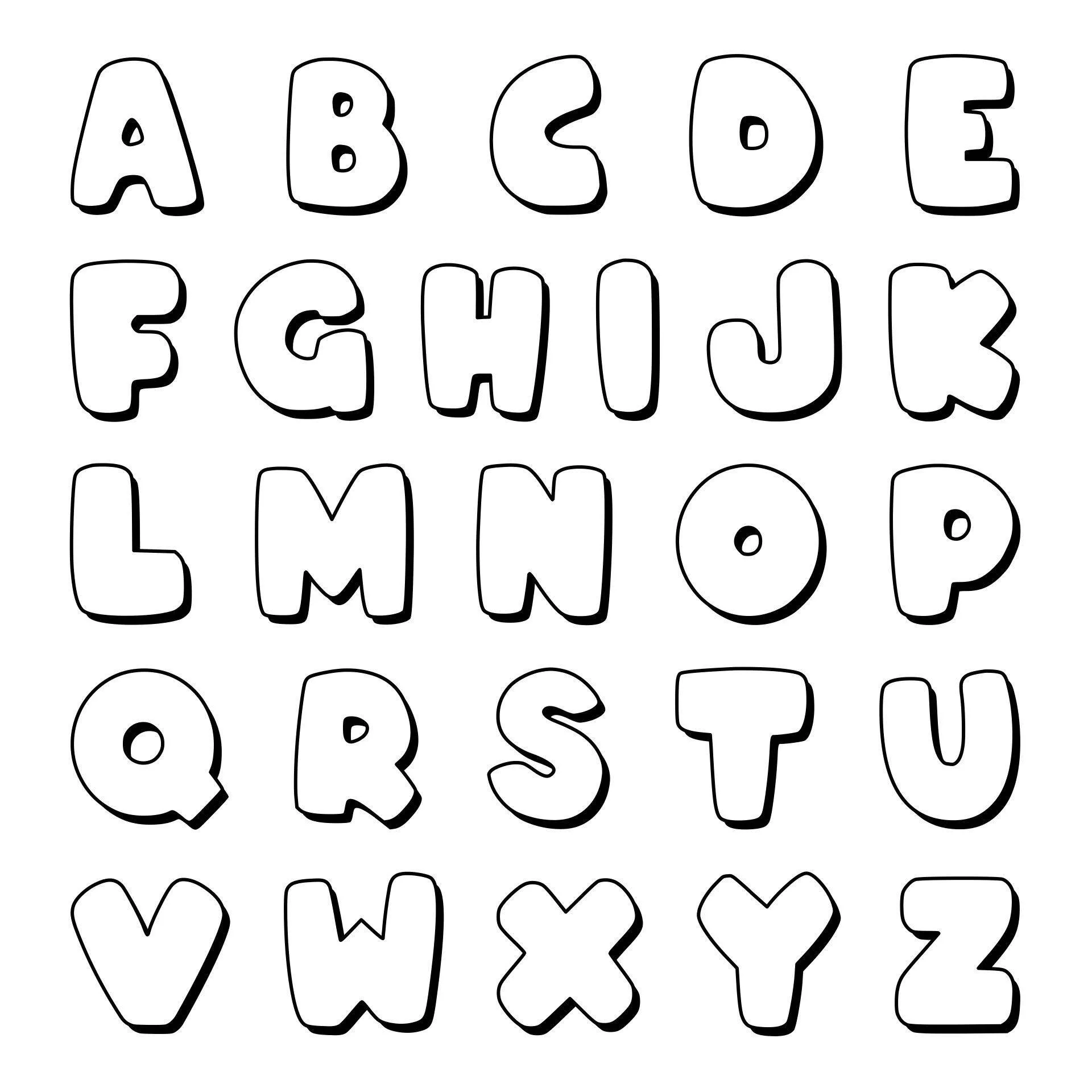 Completa el estilo divertido del alfabeto de la A a la Z para imprimir y colorear.
