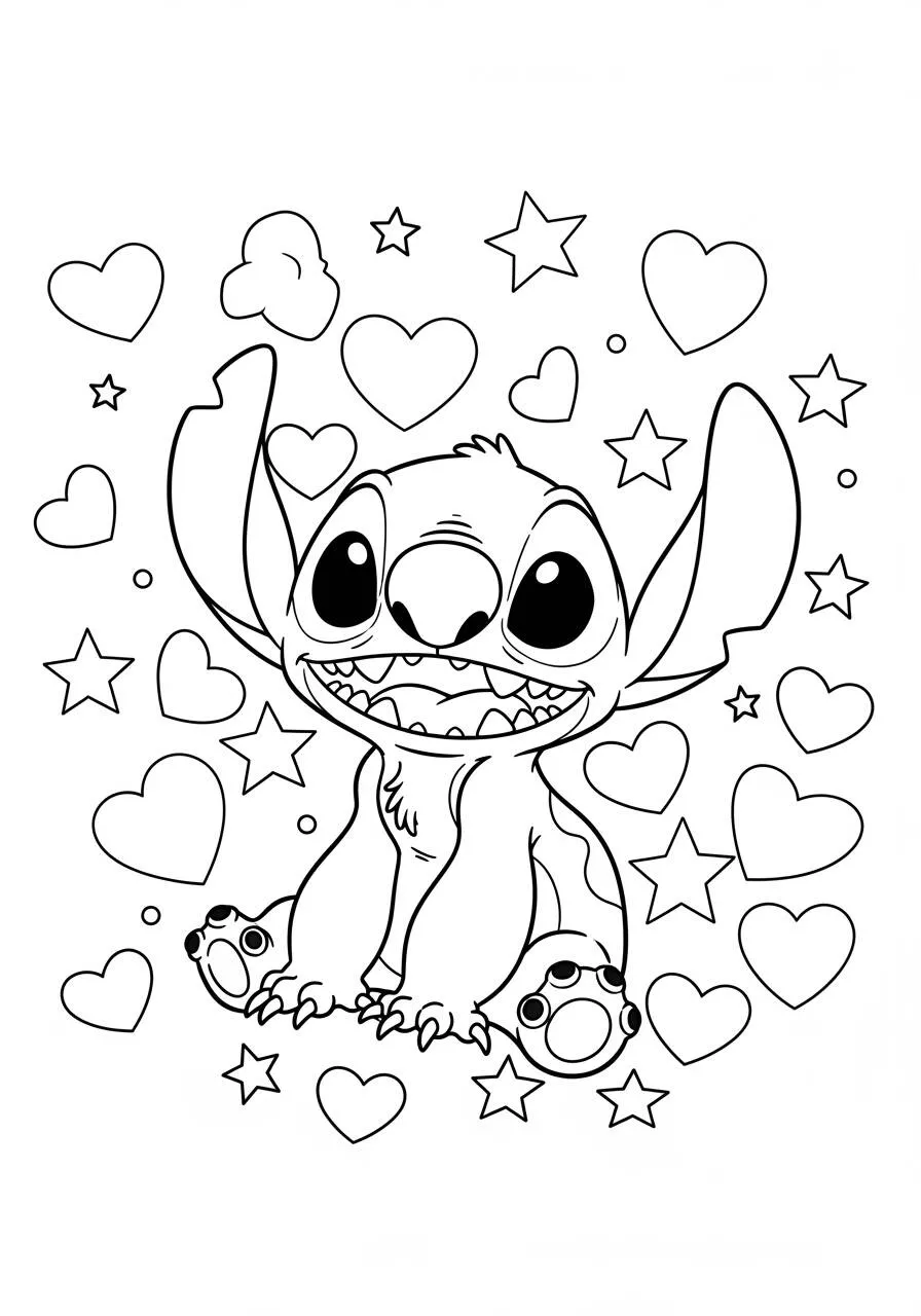 Desenho de Stitch Fofo com Corações e Estrelas para Colorir
