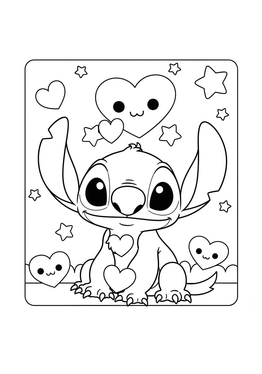 Desenho de Stitch Fofo com Corações para Colorir