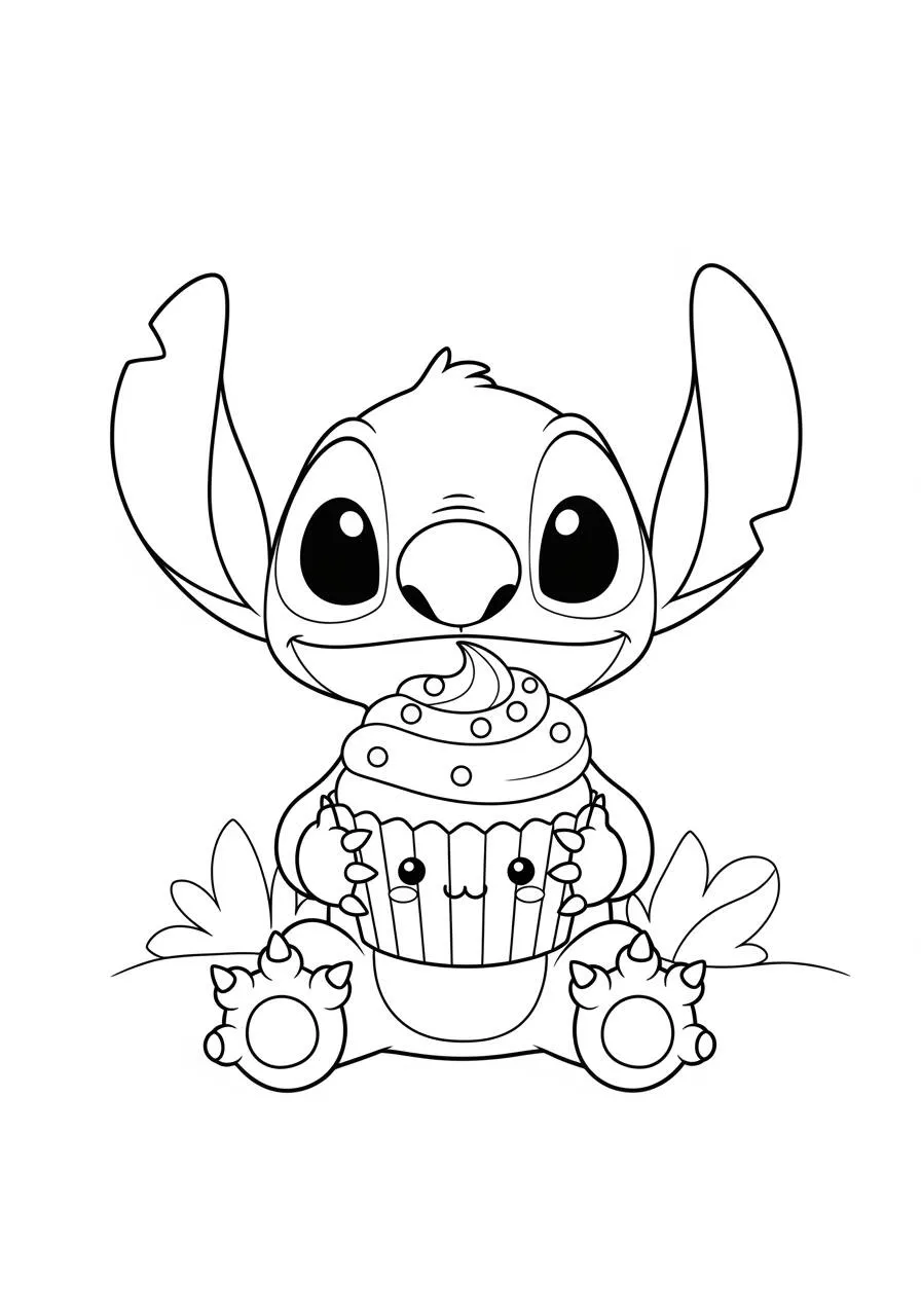 Desenho de Stitch com Cupcake para Colorir