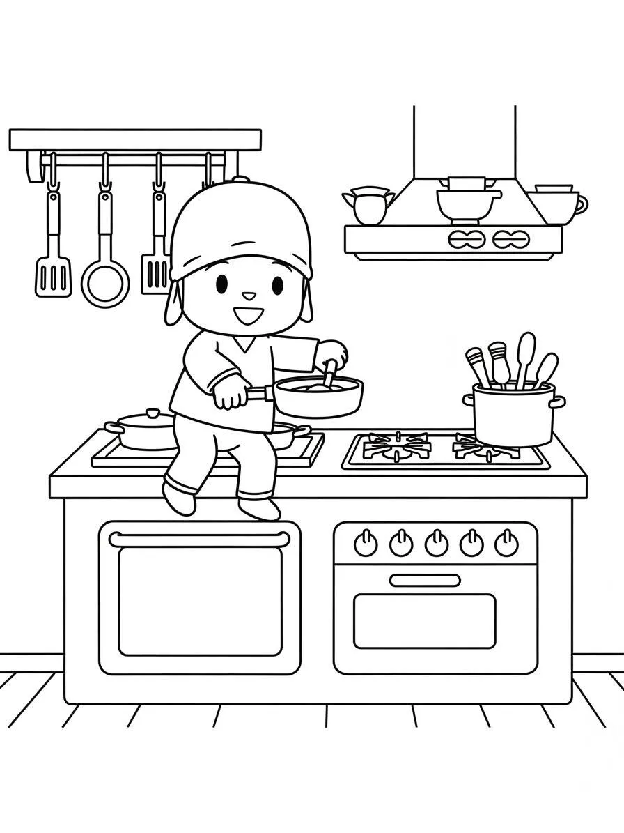 Dibujo para colorear Pocoyó cocinando en la cocina