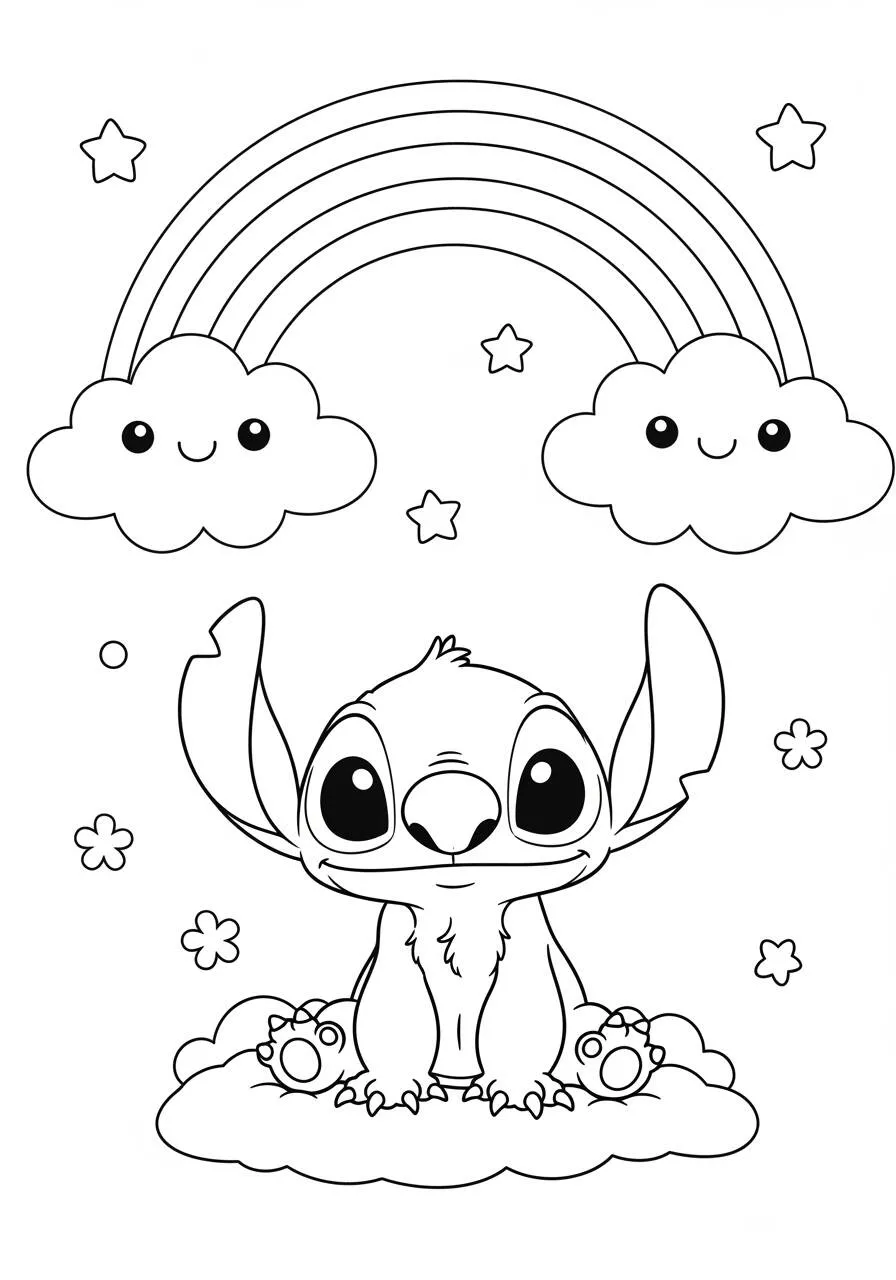 Desenho de Stitch Fofo com Arco Íris e Nuvens para Colorir