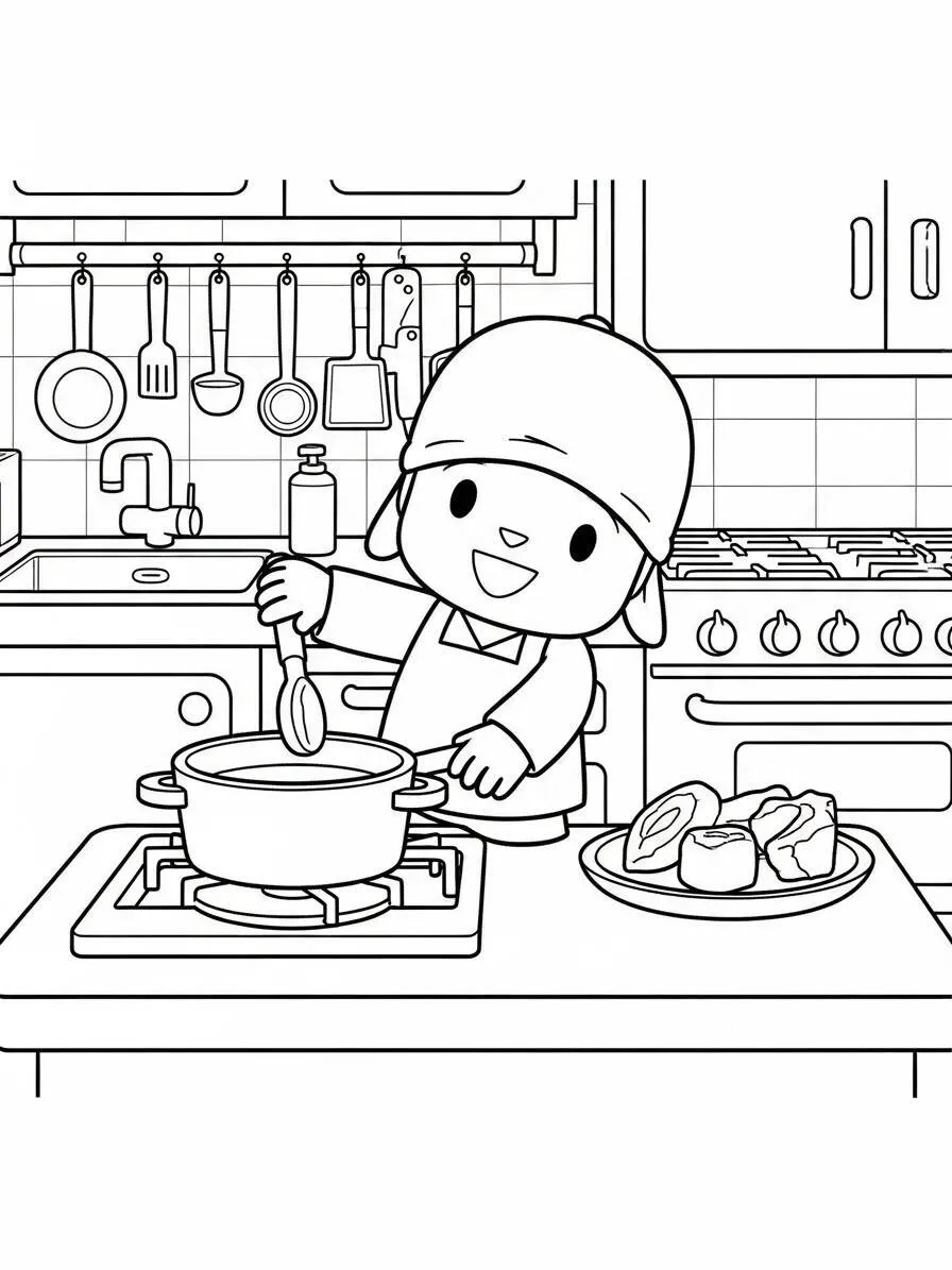 Dibujo para colorear Pocoyó cocinando en la cocina