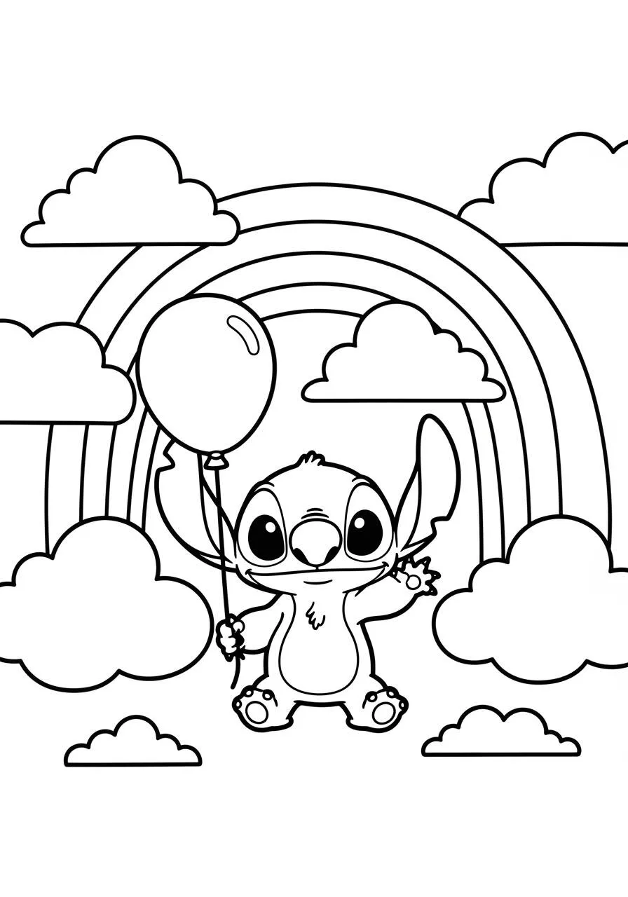 Desenho de Stitch segurando um balão sob o arco íris para Colorir