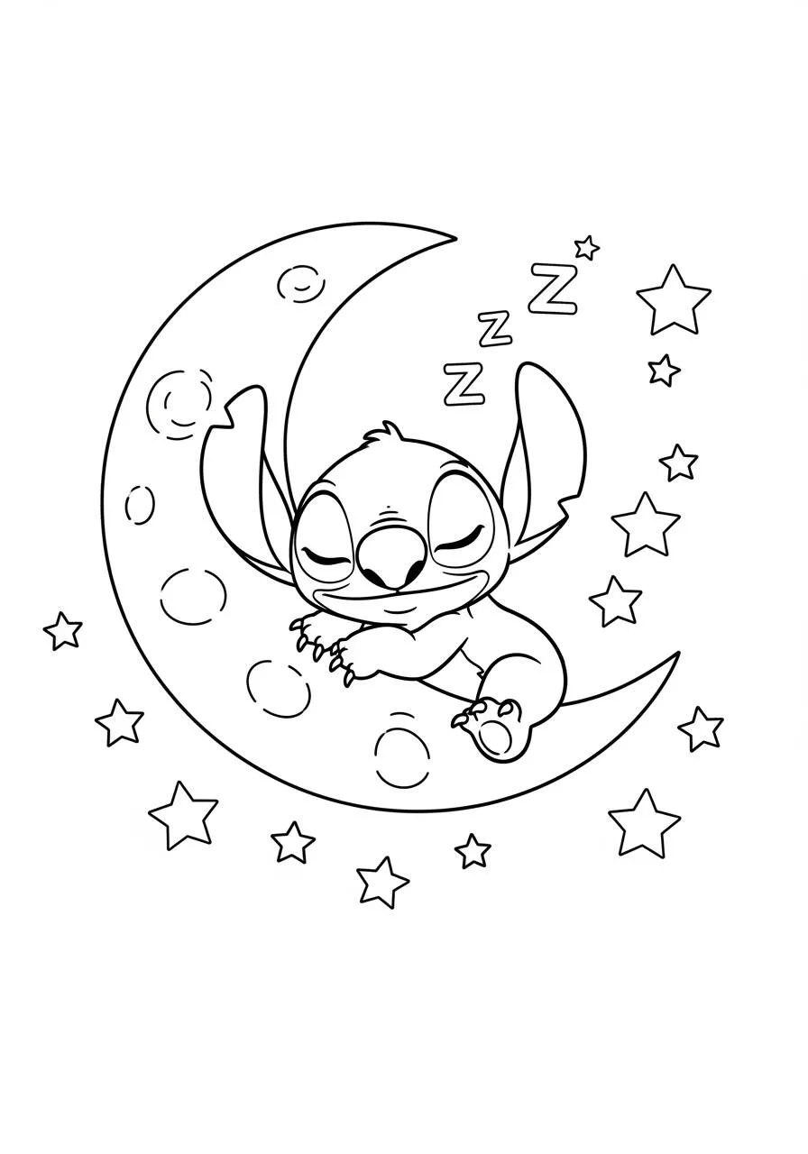 Desenho de Stitch Dormindo na Lua para Colorir