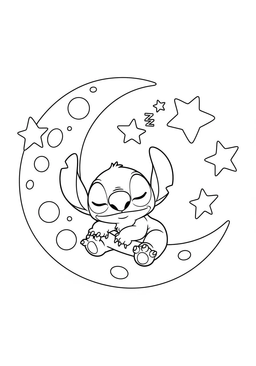 Desenho de Stitch Dormindo na Lua para Colorir