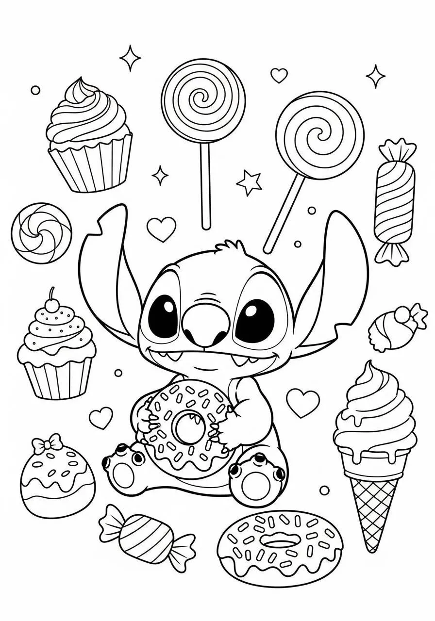 Desenho de Stitch com Doces para Colorir