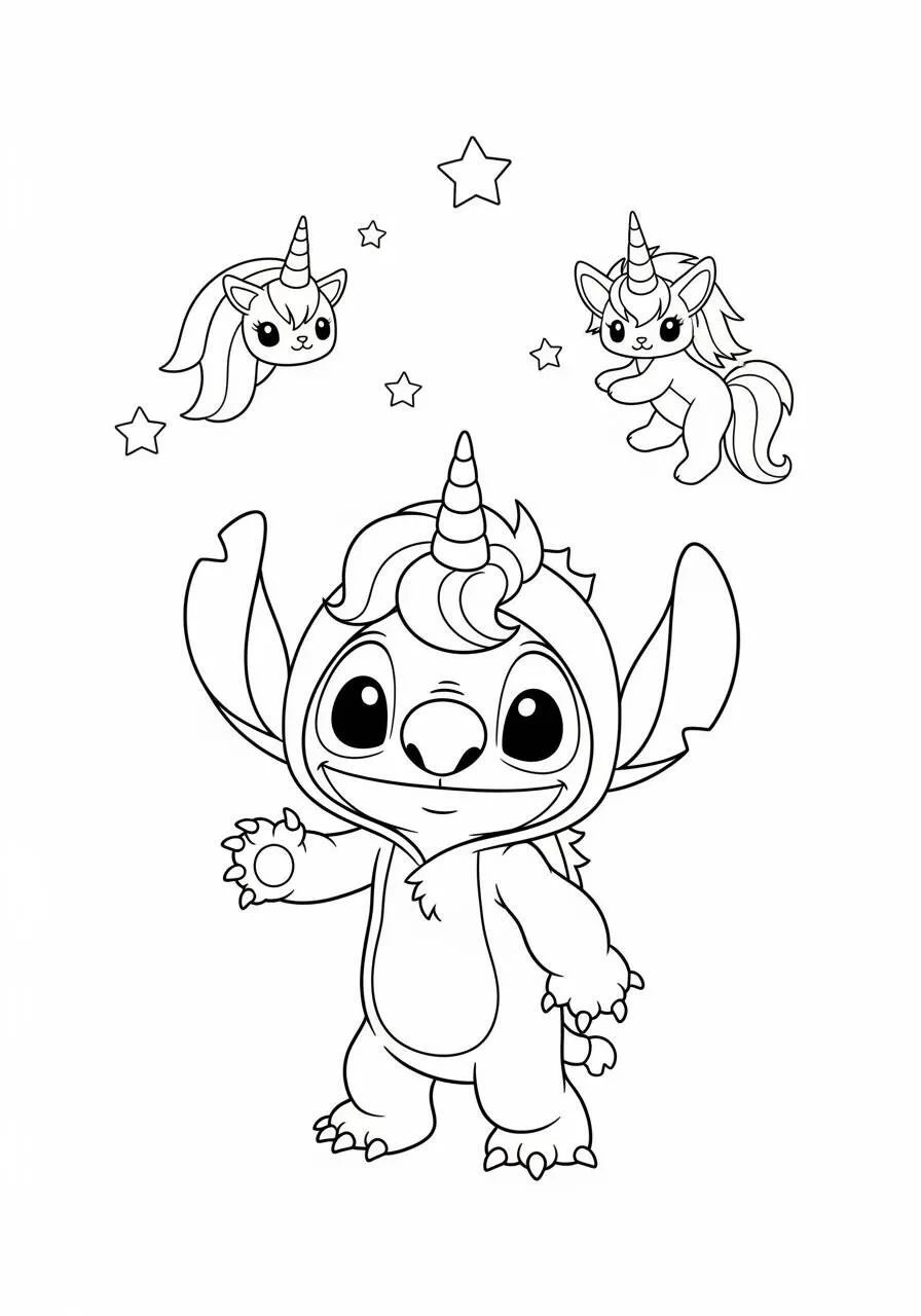 Desenho de Stitch Fantasiado de Unicórnio para Colorir