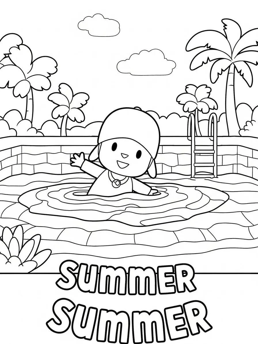 Dibujo para colorear de Pocoyó divirtiéndose en la piscina