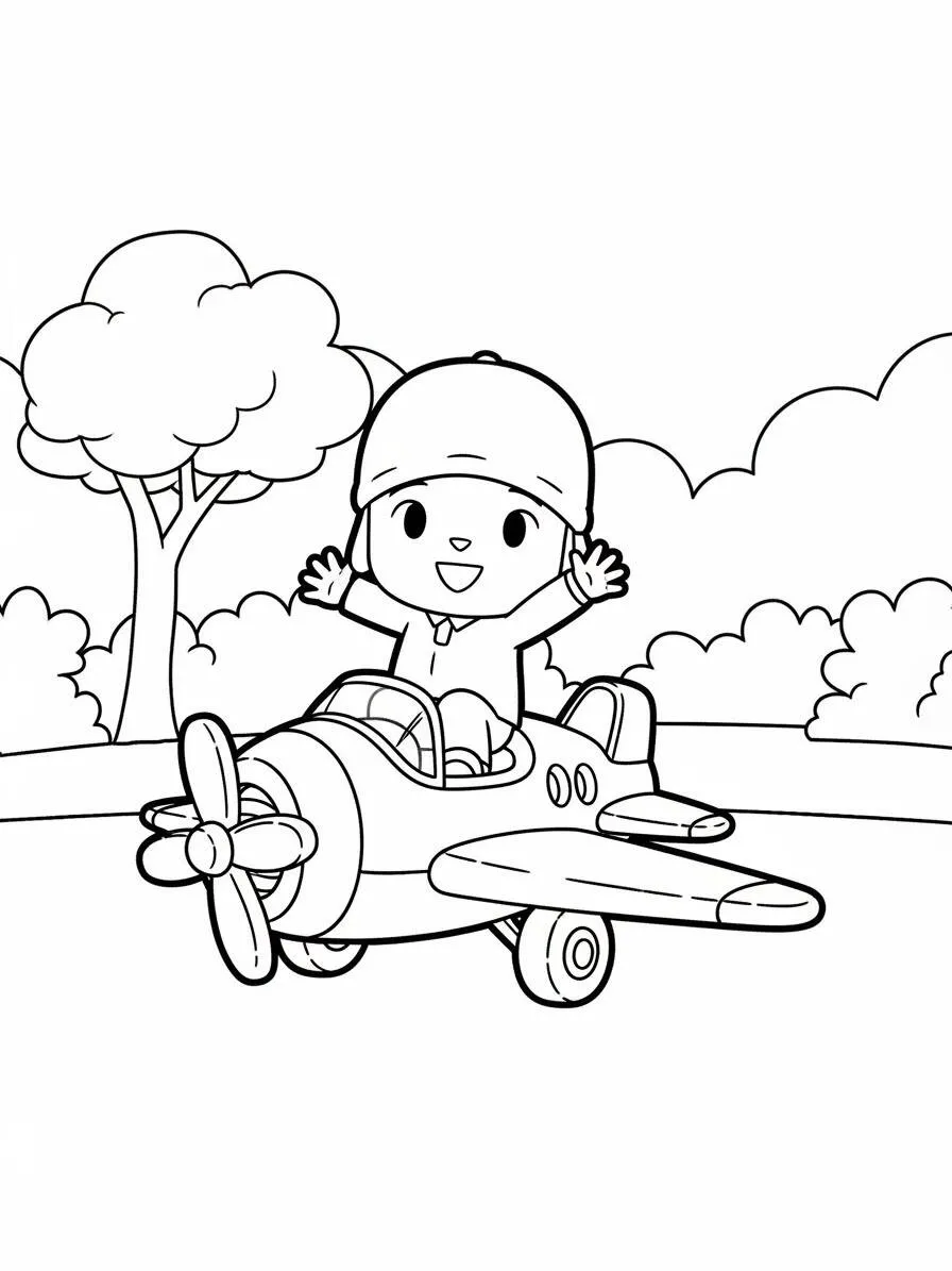 Pocoyó volando en un avión para colorear