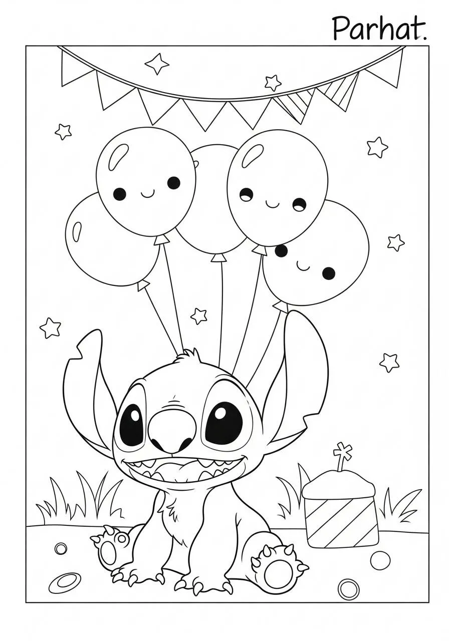 Desenho de Stitch com Balões Felizes para Colorir