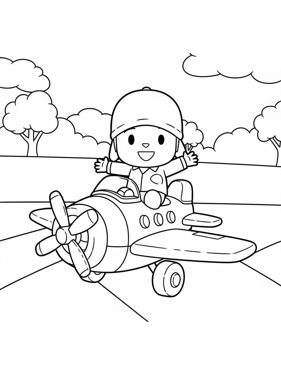 Pocoyó volando en un avión para colorear