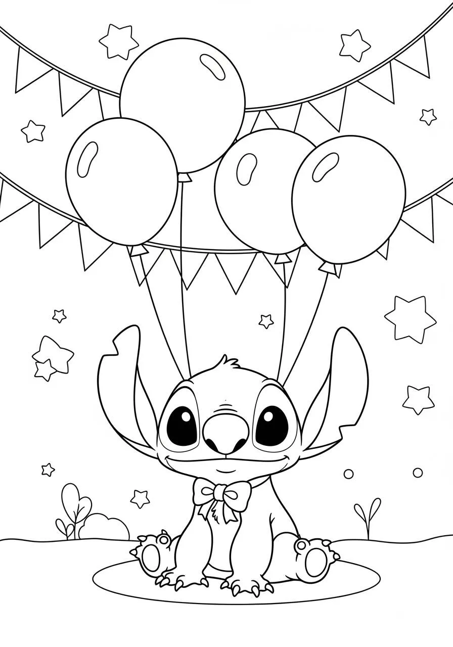 Desenho de Stitch com Balões para Colorir