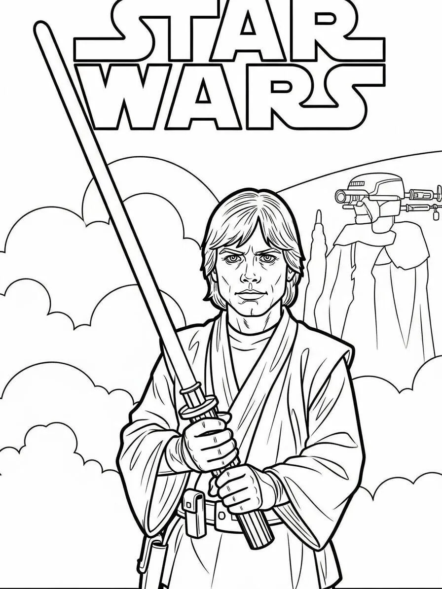 Dibujo para colorear de guerra de las galaxias Luke Skywalker con sable de luz