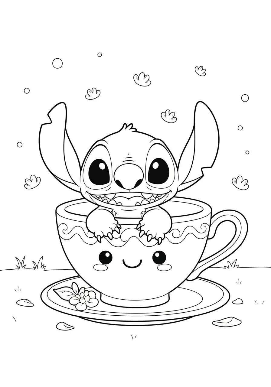Desenho de Stitch Brincando em uma Caneca para Colorir