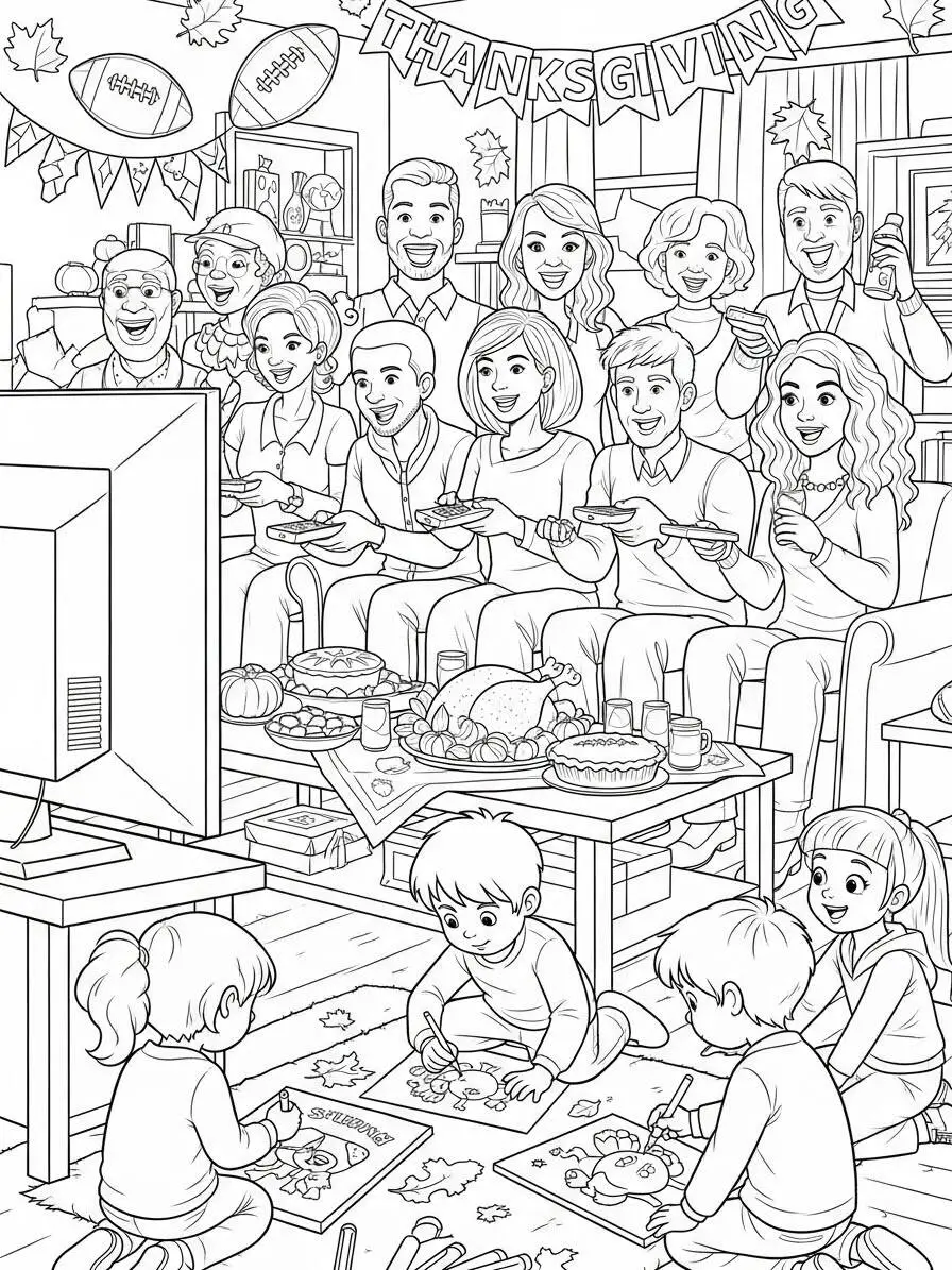 Kolorowanka z okazji Święta Dziękczynienia z rodziną świętującą i oglądającą telewizję