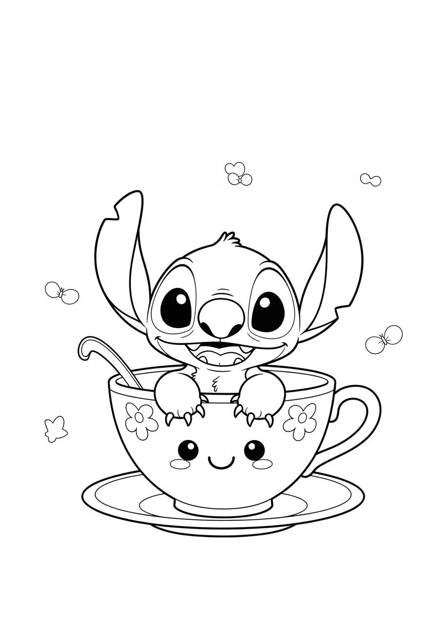 Desenho de Stitch Brincando em uma Caneca para Colorir