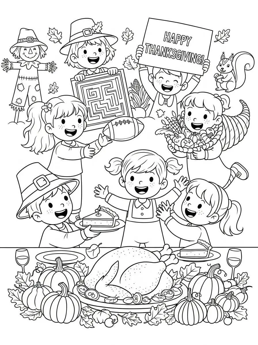 Dibujo para colorear de Acción de Gracias con niños y pavo