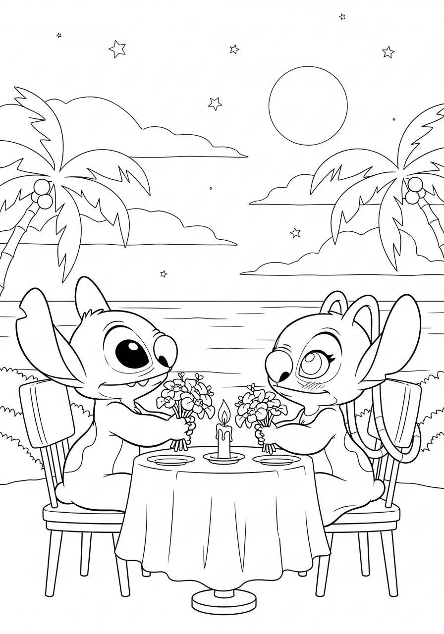Dibujo para colorear de Puntada y Ángel cenando a la luz de las velas