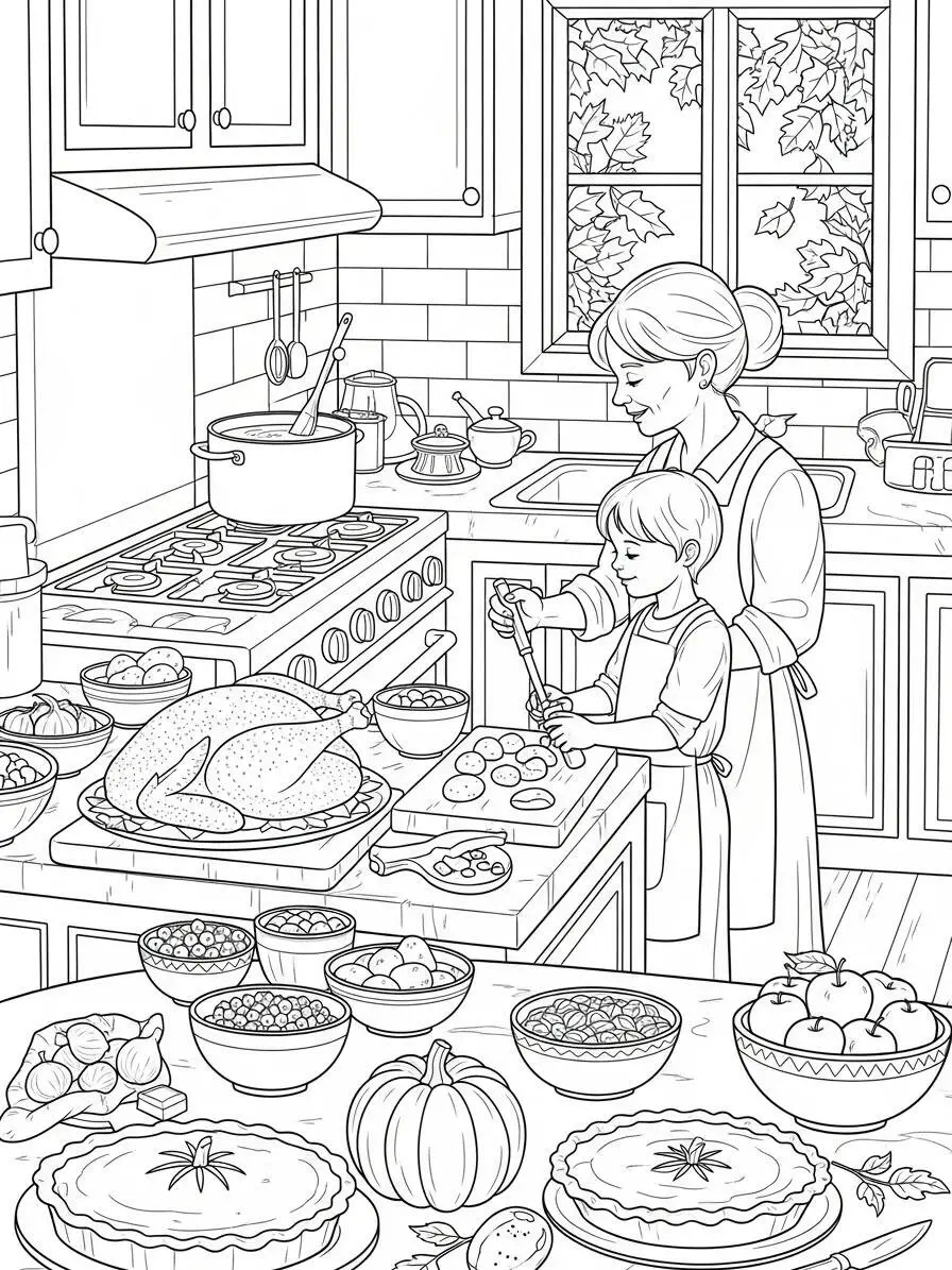Dibujo para colorear de Acción de Gracias en la cocina con niños