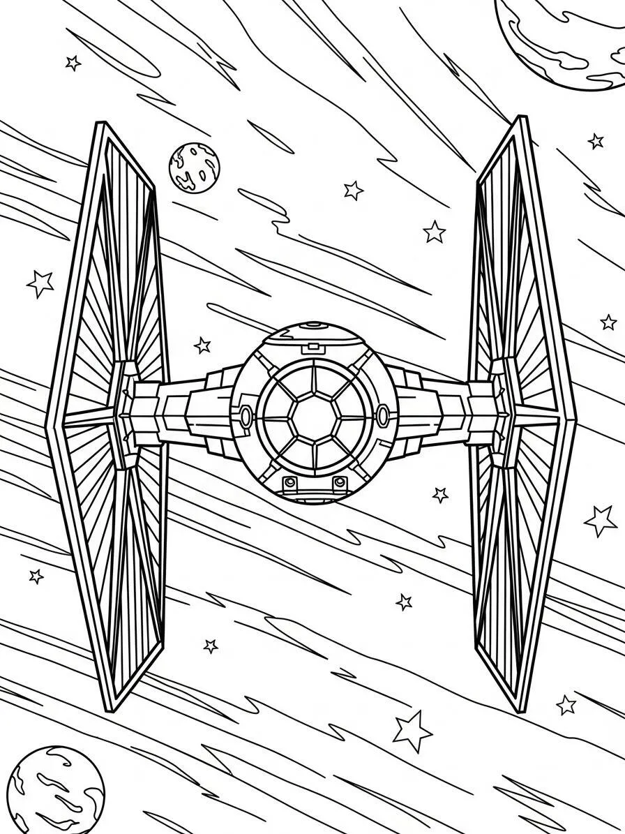 Página para colorear del barco de combate TIE de guerra de las galaxias